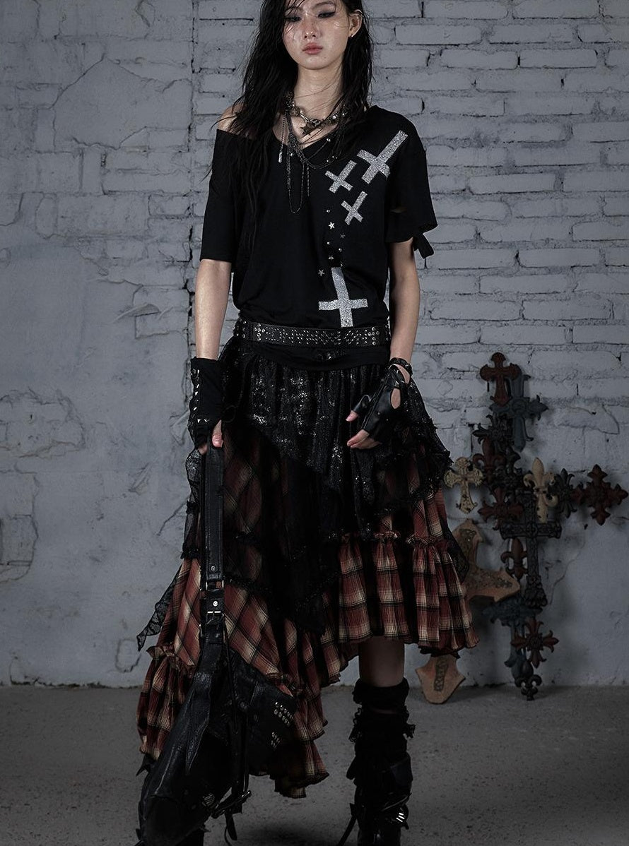 Edgy Punk Rock Distressed Lace Trim Asym Hem Loose T-shirt