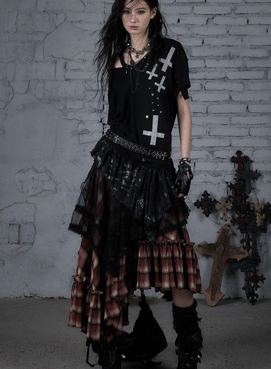 Edgy Punk Rock Distressed Lace Trim Asym Hem Loose T-shirt