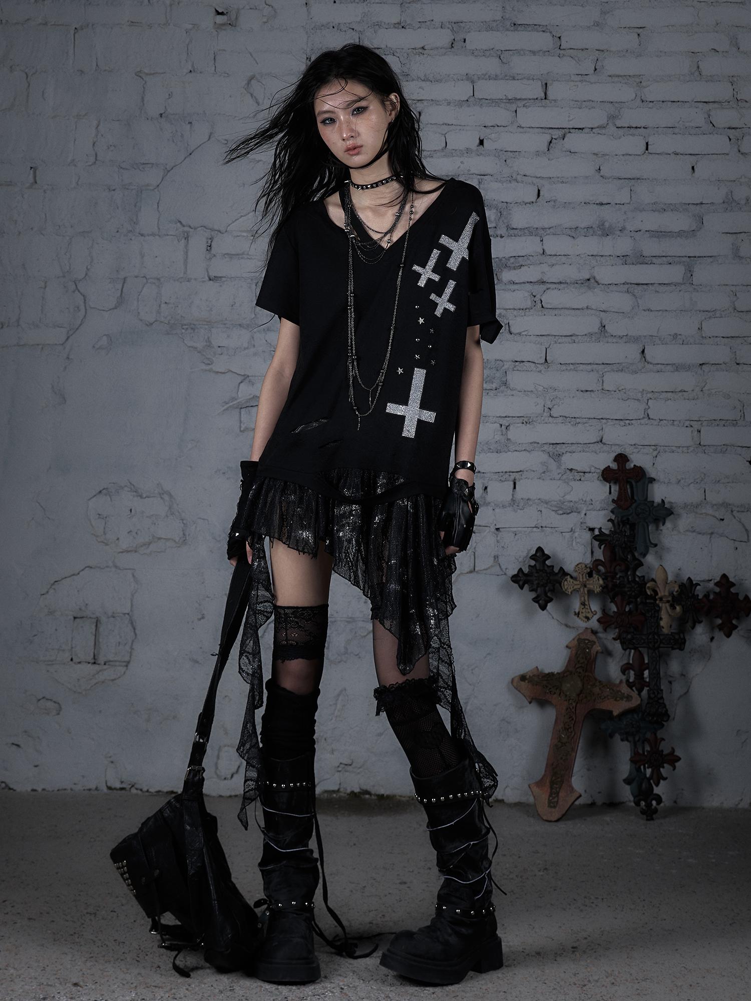 Edgy Punk Rock Distressed Lace Trim Asym Hem Loose T-shirt