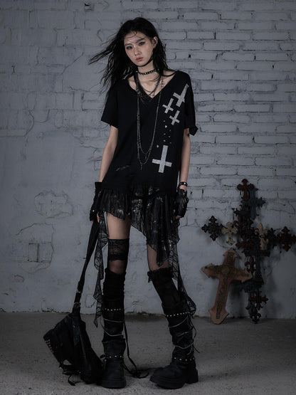 Edgy Punk Rock Distressed Lace Trim Asym Hem Loose T-shirt