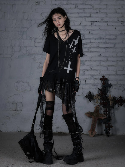 Edgy Punk Rock Distressed Lace Trim Asym Hem Loose T-Shirt