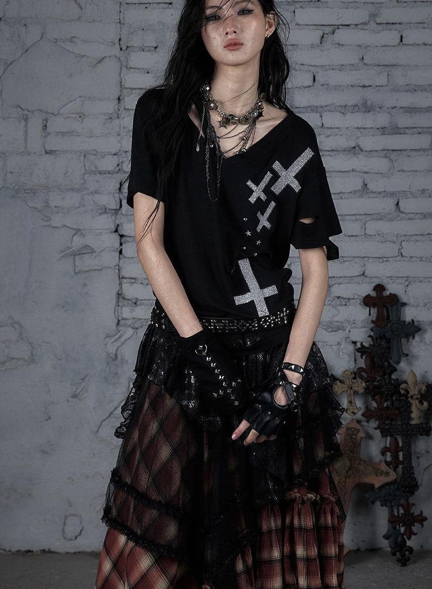 Edgy Punk Rock Distressed Lace Trim Asym Hem Loose T-shirt