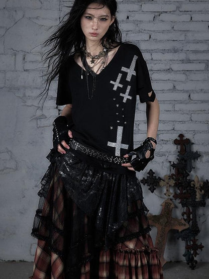 Edgy Punk Rock Distressed Lace Trim Asym Hem Loose T-shirt