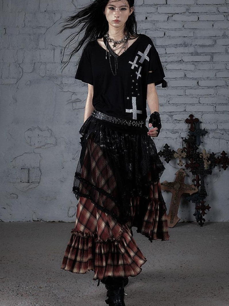 Edgy Punk Rock Distressed Lace Trim Asym Hem Loose T-shirt