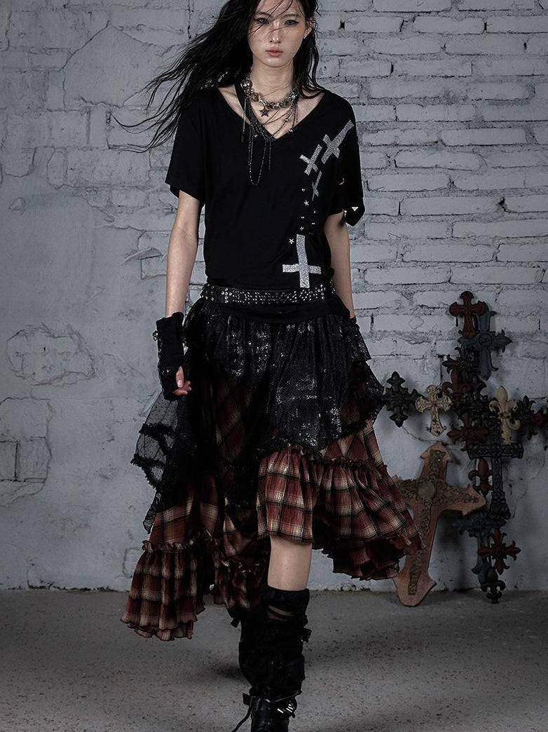 Edgy Punk Rock Distressed Lace Trim Asym Hem Loose T-shirt
