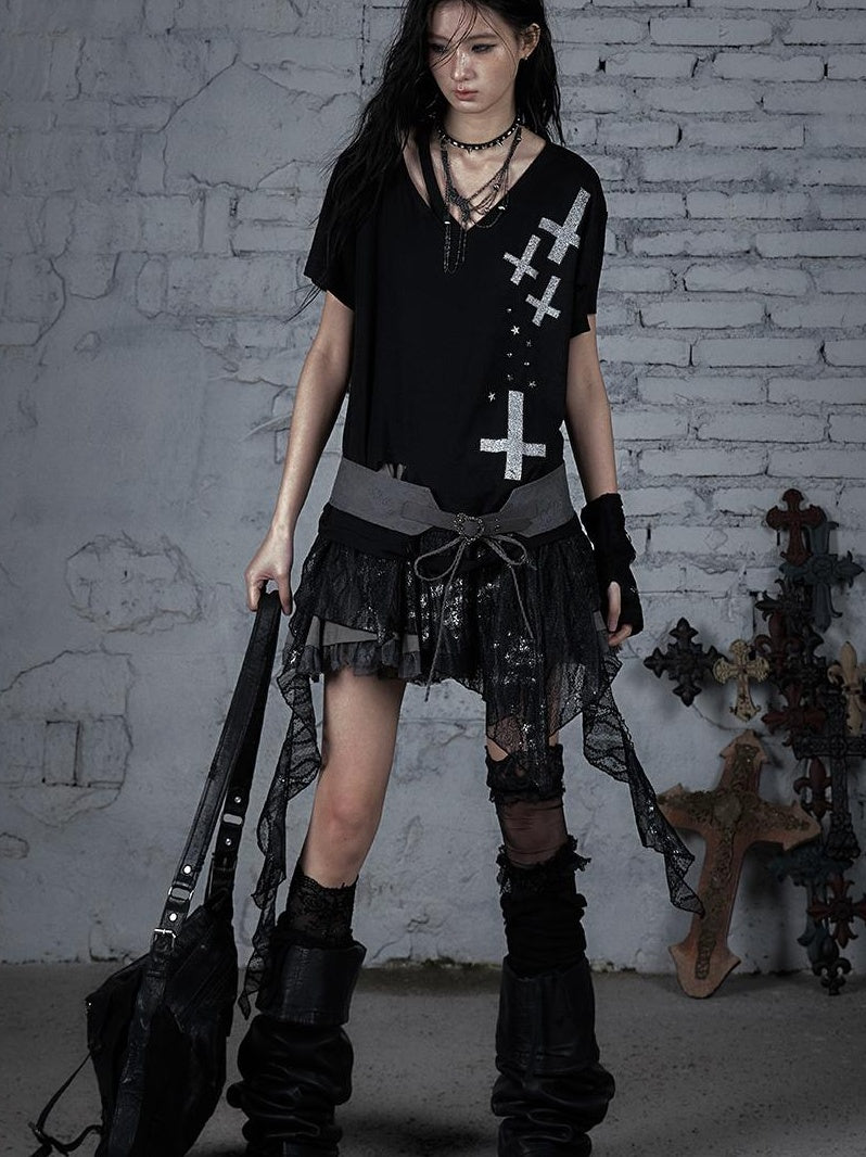 Edgy Punk Rock Distressed Lace Trim Asym Hem Loose T-shirt