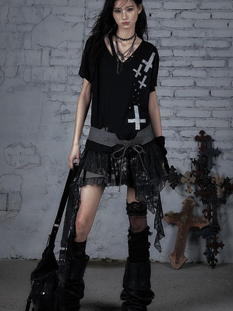 Edgy Punk Rock Distressed Lace Trim Asym Hem Loose T-shirt