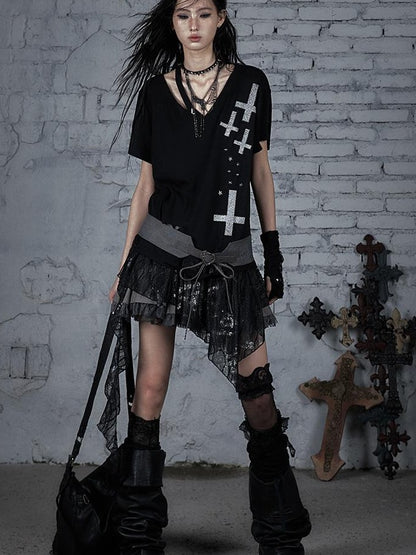 Edgy Punk Rock Distressed Lace Trim Asym Hem Loose T-shirt