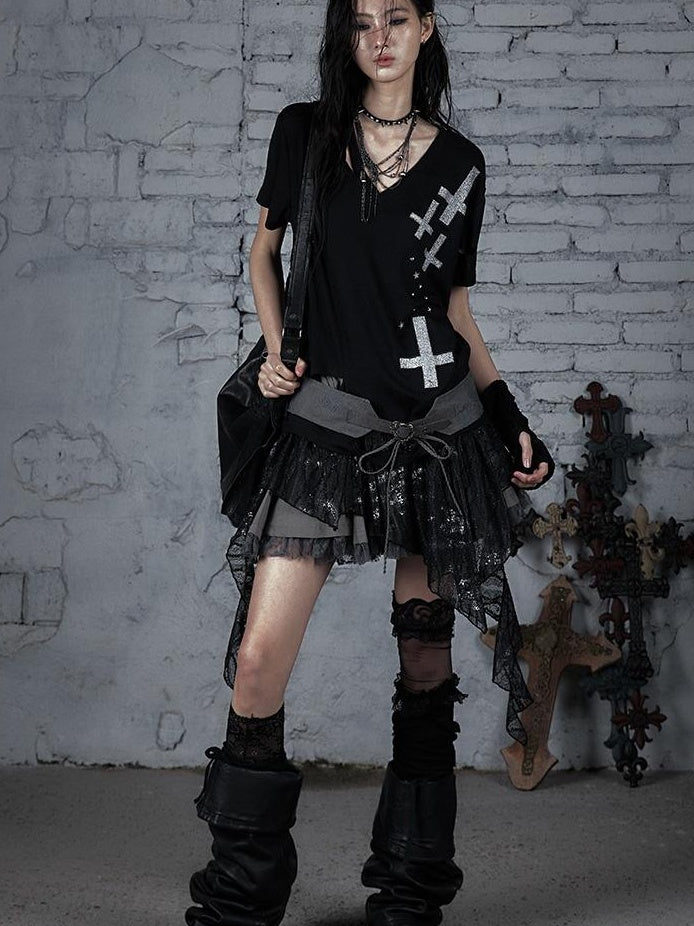 Edgy Punk Rock Distressed Lace Trim Asym Hem Loose T-shirt