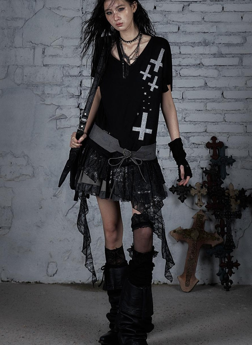 Edgy Punk Rock Distressed Lace Trim Asym Hem Loose T-shirt