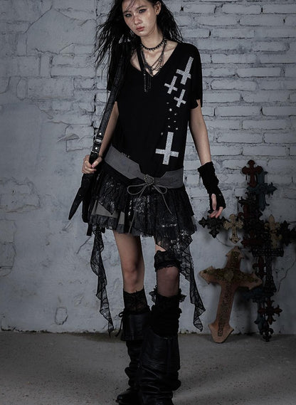 Edgy Punk Rock Distressed Lace Trim Asym Hem Loose T-shirt