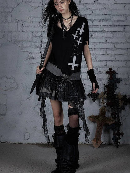 Edgy Punk Rock Distressed Lace Trim Asym Hem Loose T-Shirt