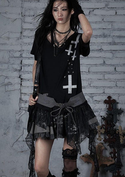 Edgy Punk Rock Distressed Lace Trim Asym Hem Loose T-shirt