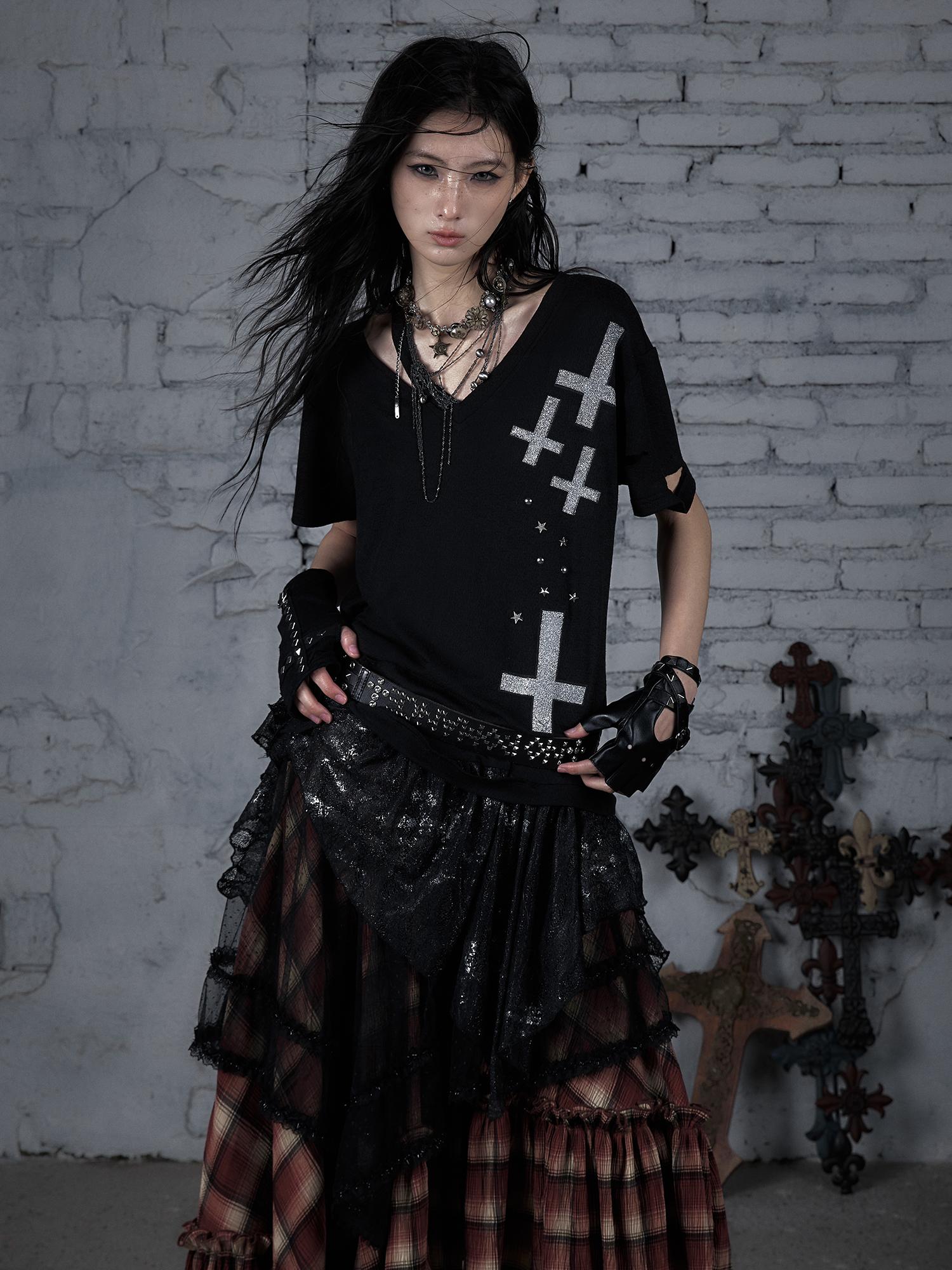 Edgy Punk Rock Distressed Lace Trim Asym Hem Loose T-shirt