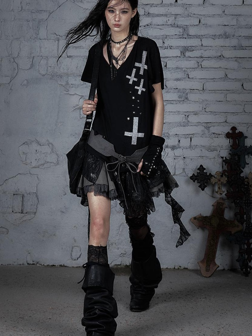 Edgy Punk Rock Distressed Lace Trim Asym Hem Loose T-shirt
