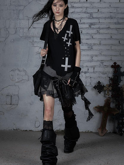 Edgy Punk Rock Distressed Lace Trim Asym Hem Loose T-shirt