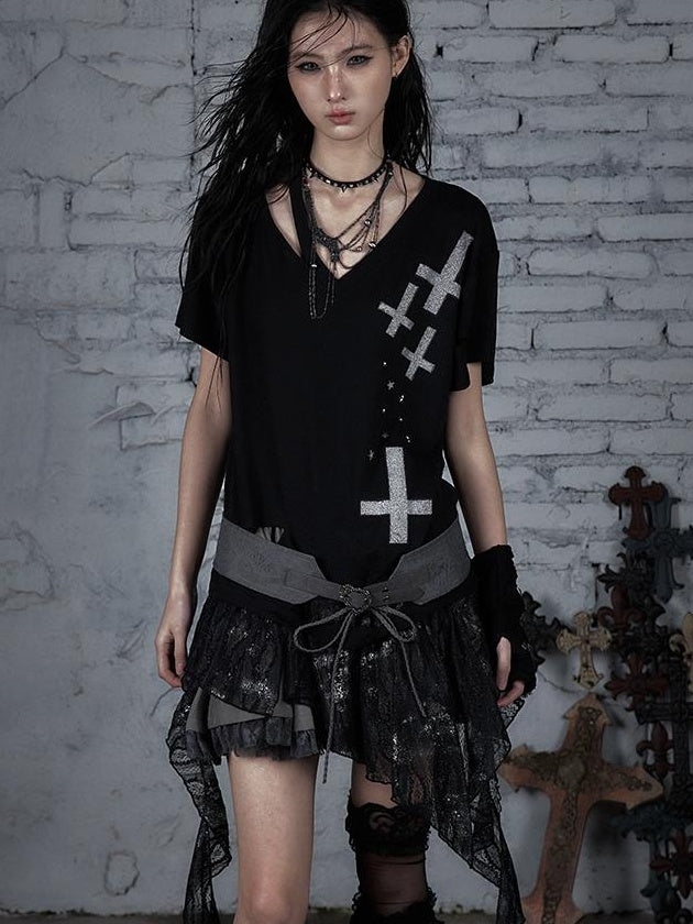 Edgy Punk Rock Distressed Lace Trim Asym Hem Loose T-shirt