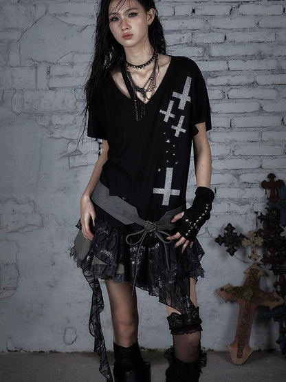 Edgy Punk Rock Distressed Lace Trim Asym Hem Loose T-shirt