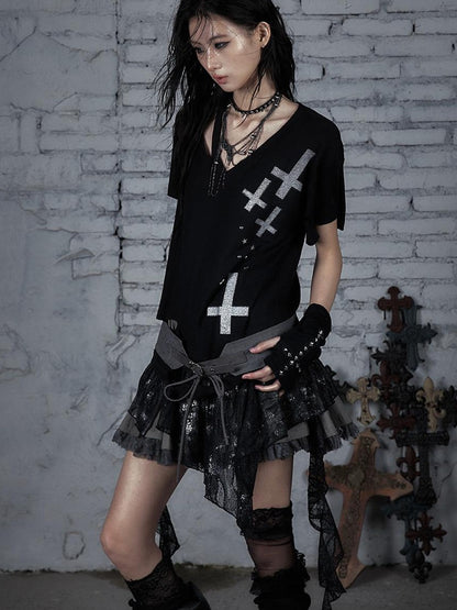 Edgy Punk Rock Distressed Lace Trim Asym Hem Loose T-shirt