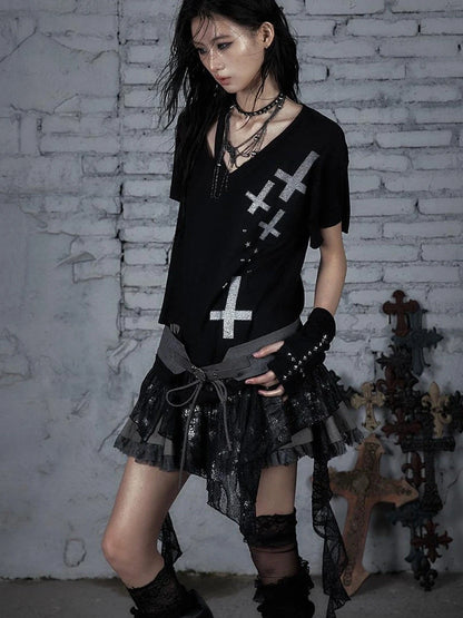 Edgy Punk Rock Distressed Lace Trim Asym Hem Loose T-Shirt