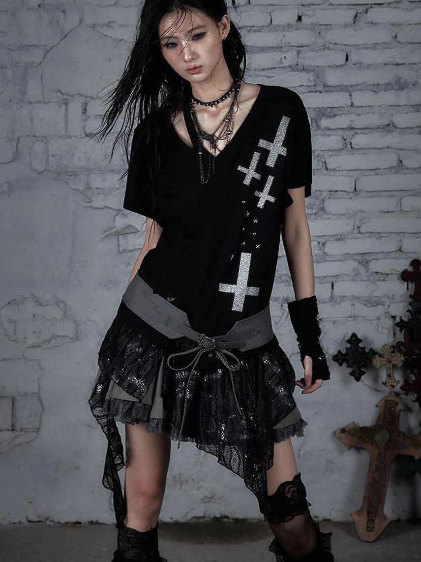Edgy Punk Rock Distressed Lace Trim Asym Hem Loose T-shirt