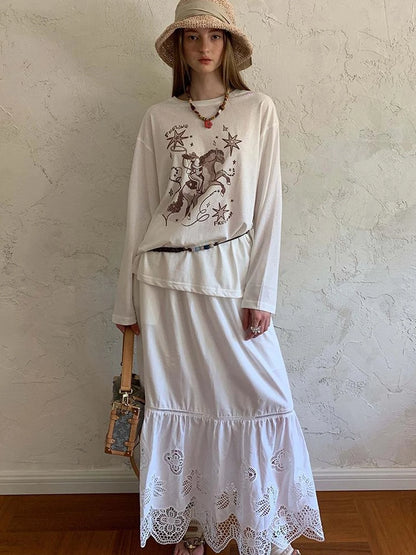 Elegant 3D Wave Lace Embroidered Split Hem Skirt