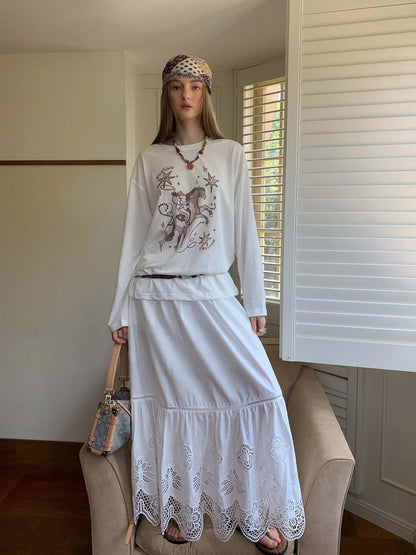 Elegant 3D Wave Lace Embroidered Split Hem Skirt