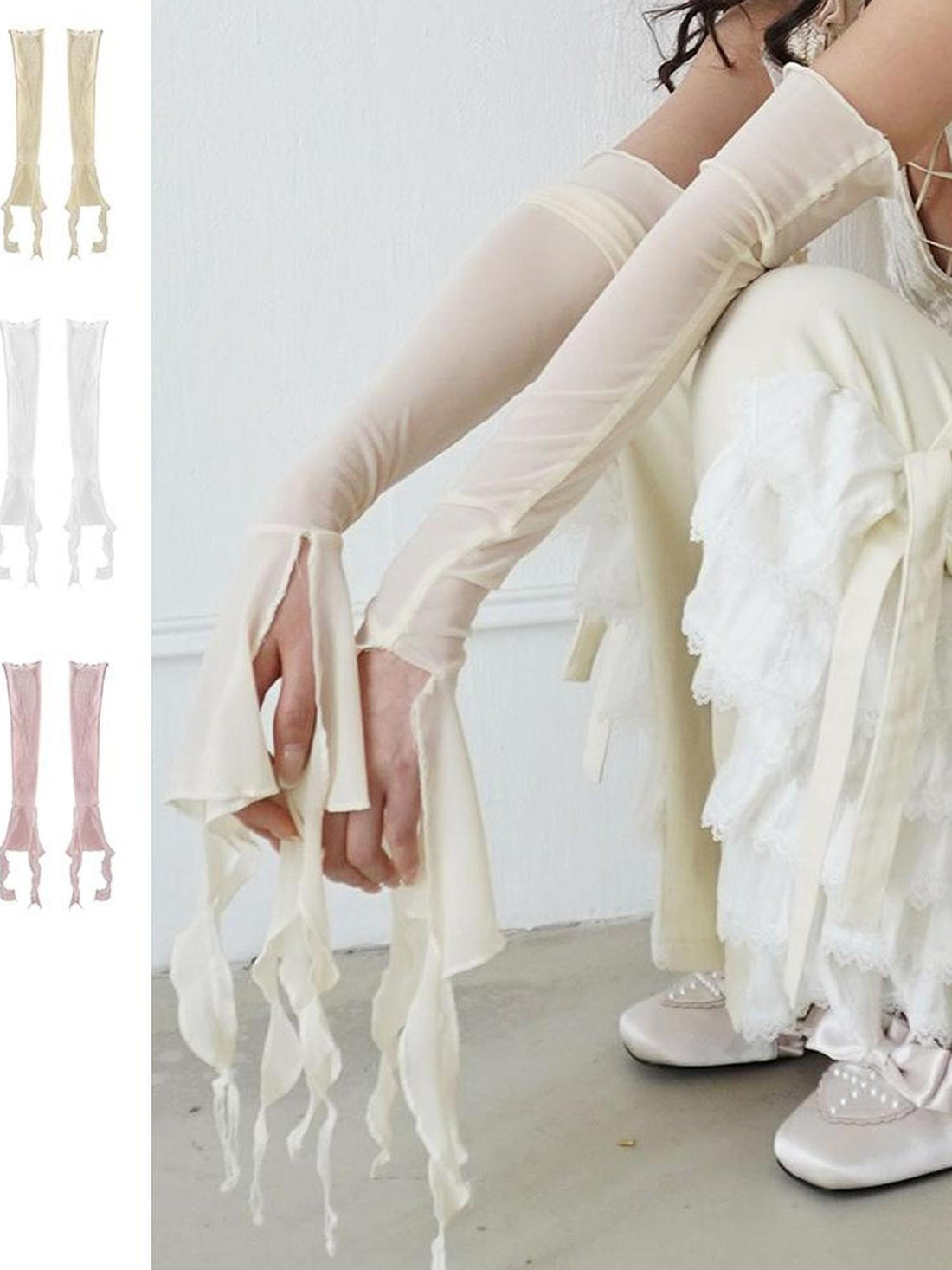WSW WUSHENWU Elegant Beige Sheer Mesh Sleeves Top With Alluring Eye Design