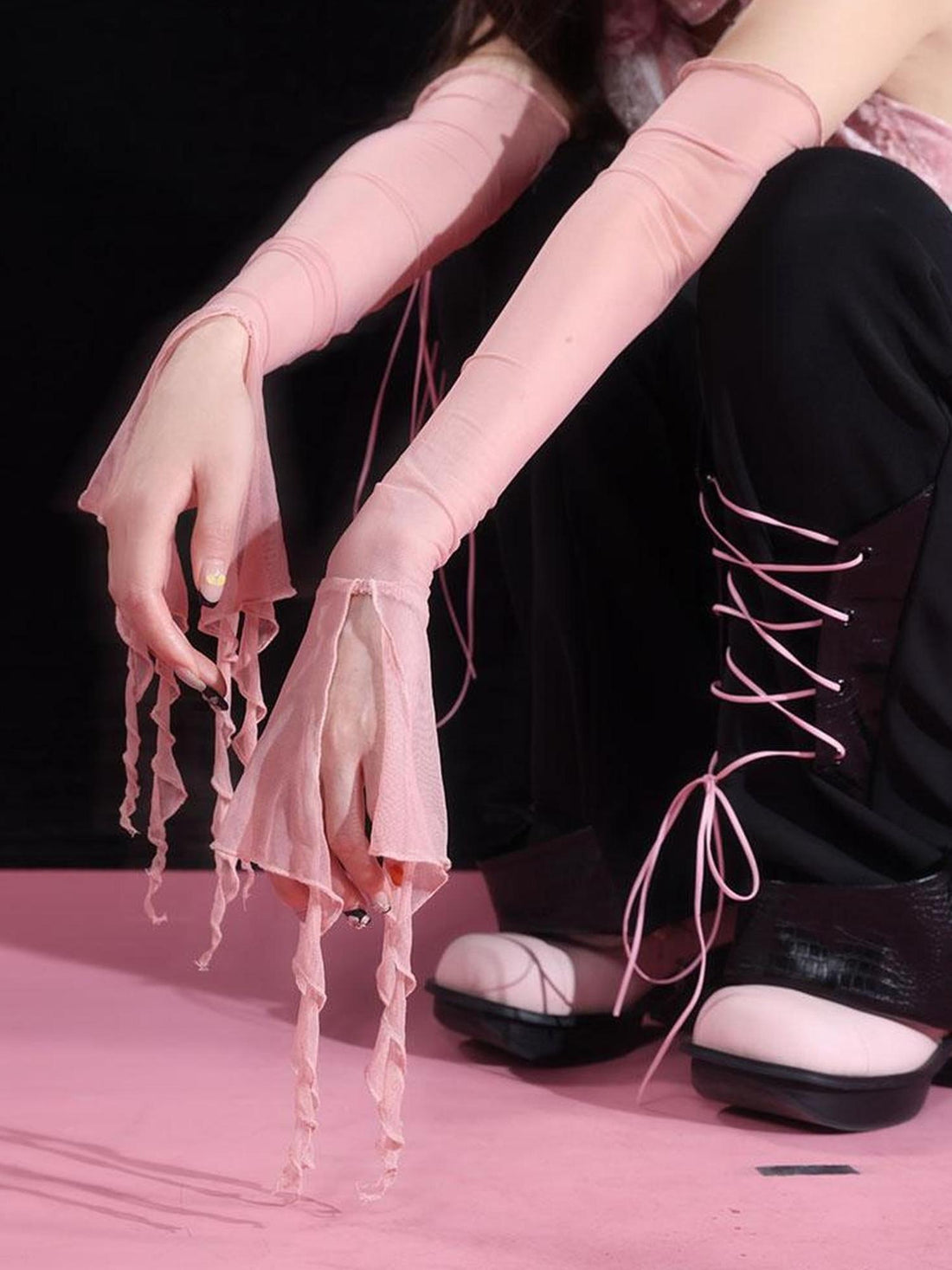 WSW WUSHENWU Elegant Beige Sheer Mesh Sleeves Top With Alluring Eye Design