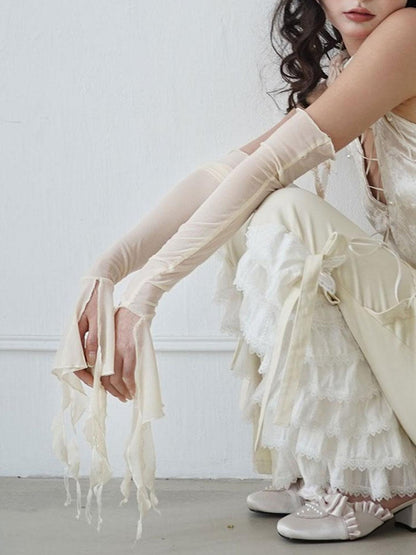 WSW WUSHENWU Elegant Beige Sheer Mesh Sleeves Top With Alluring Eye Design