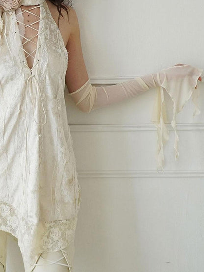 WSW WUSHENWU Elegant Beige Sheer Mesh Sleeves Top With Alluring Eye Design