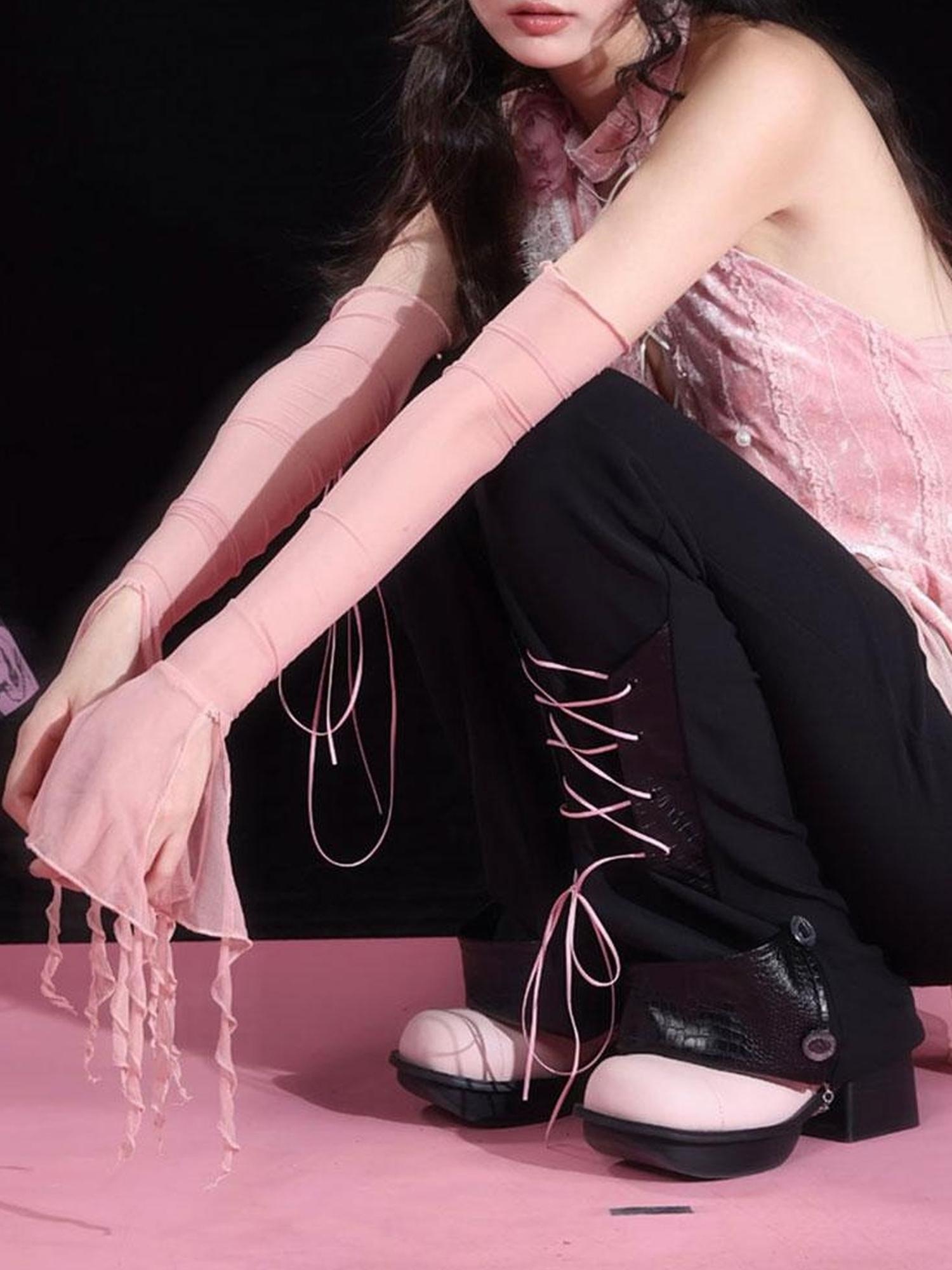 WSW WUSHENWU Elegant Beige Sheer Mesh Sleeves Top With Alluring Eye Design