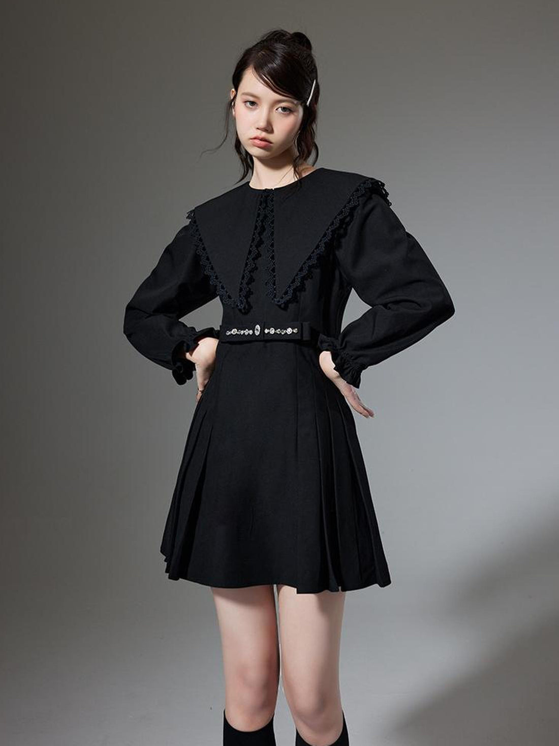 DIDDI MODA Elegant Black A Line Dress With Bow Crystal Detailing