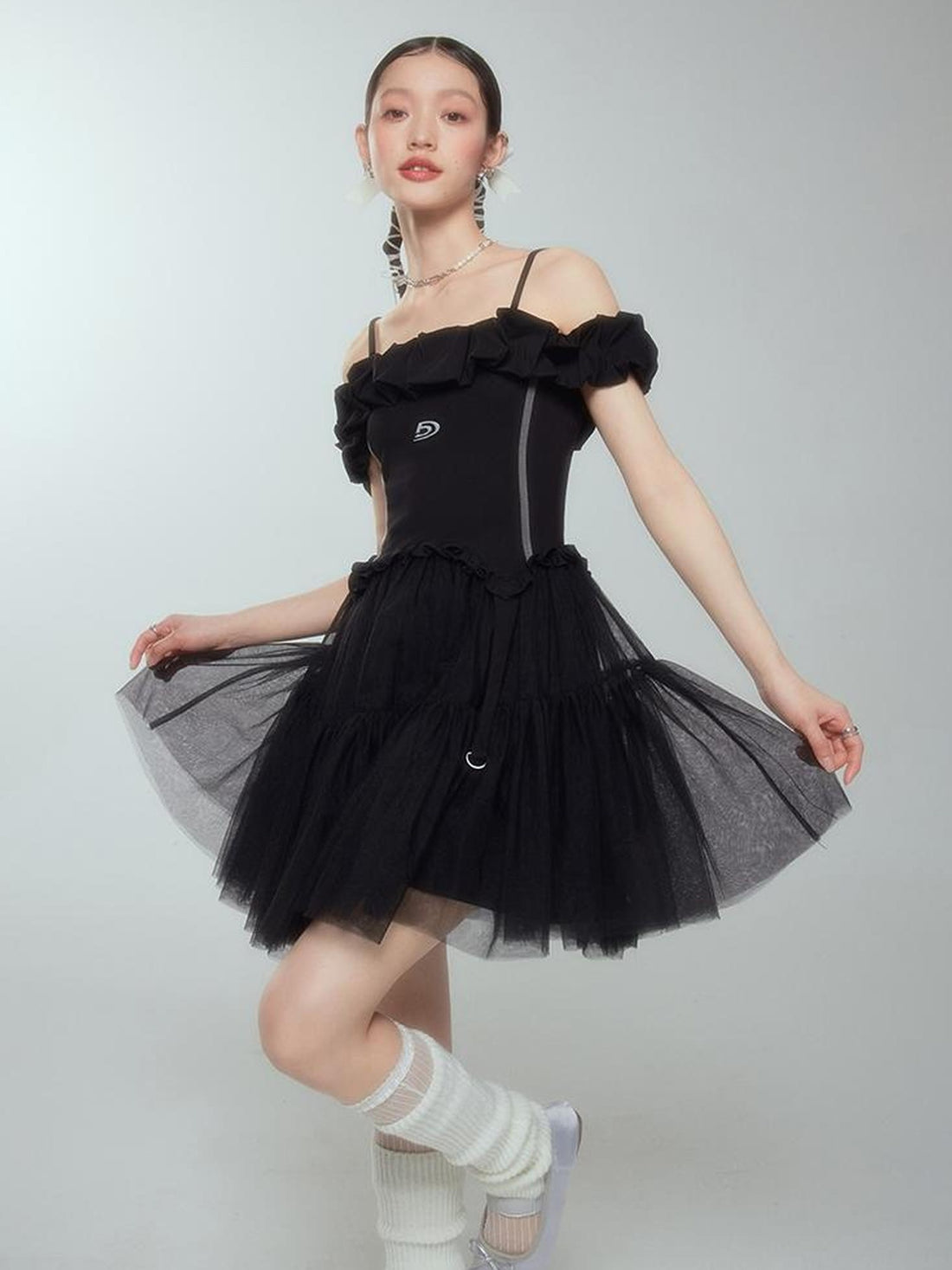 DIDDI MODA Elegant Black Ballet Off Shoulder A Line Dress With Flowy Mesh Skirt