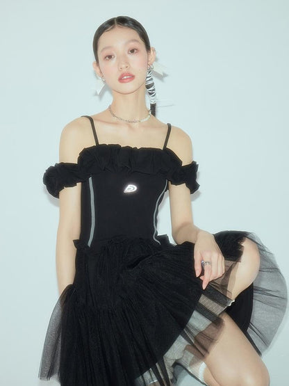 DIDDI MODA Elegant Black Ballet Off Shoulder A Line Dress With Flowy Mesh Skirt