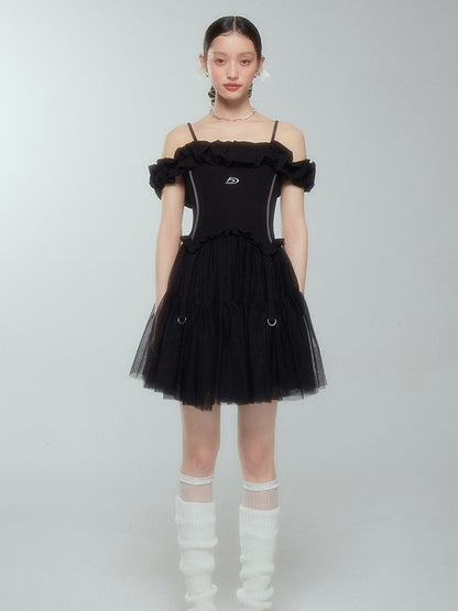 DIDDI MODA Elegant Black Ballet Off Shoulder A Line Dress With Flowy Mesh Skirt