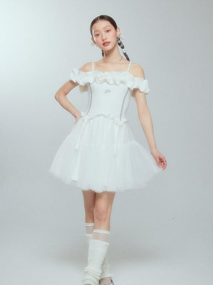 DIDDI MODA Elegant Black Ballet Off Shoulder A Line Dress With Flowy Mesh Skirt