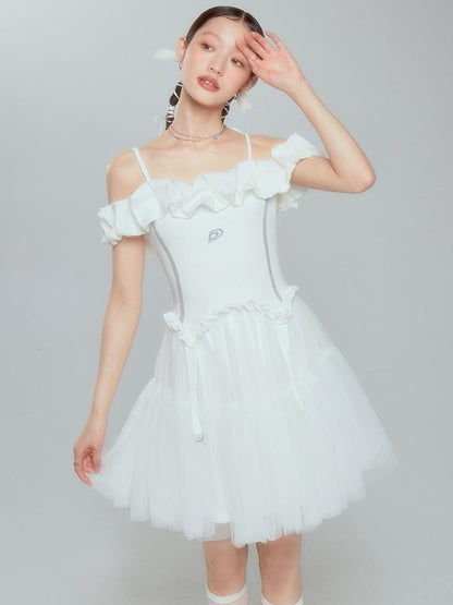 DIDDI MODA Elegant Black Ballet Off Shoulder A Line Dress With Flowy Mesh Skirt
