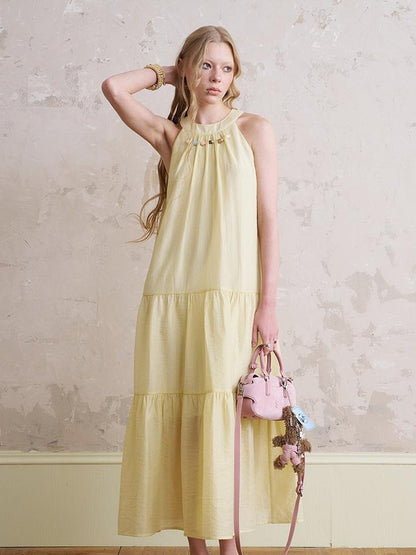 DIDDI MODA Elegant Bow Beaded Halter Dress With Layered Flowy Ribbon