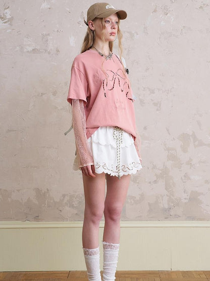 DIDDI MODA Elegant Bow Lace Short Sleeve Top