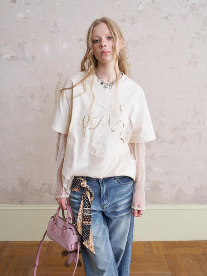 DIDDI MODA Elegant Bow Lace Short Sleeve Top