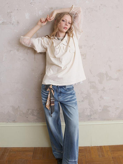 DIDDI MODA Elegant Bow Lace Short Sleeve Top