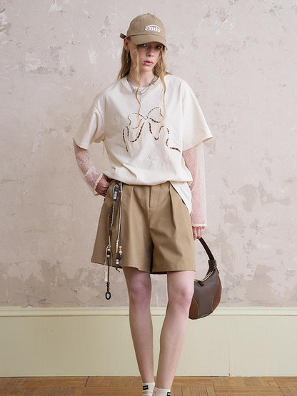 DIDDI MODA Elegant Bow Lace Short Sleeve Top