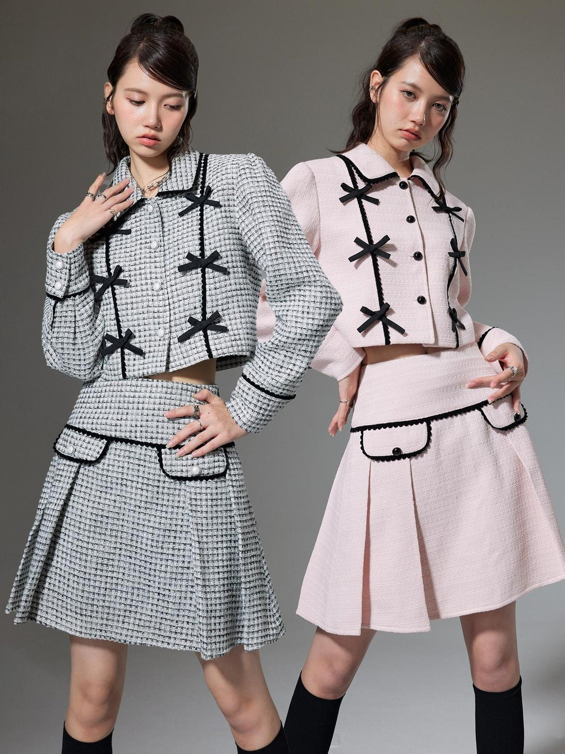 DIDDI MODA Elegant Bow Trimmed Pink Black Suit Set