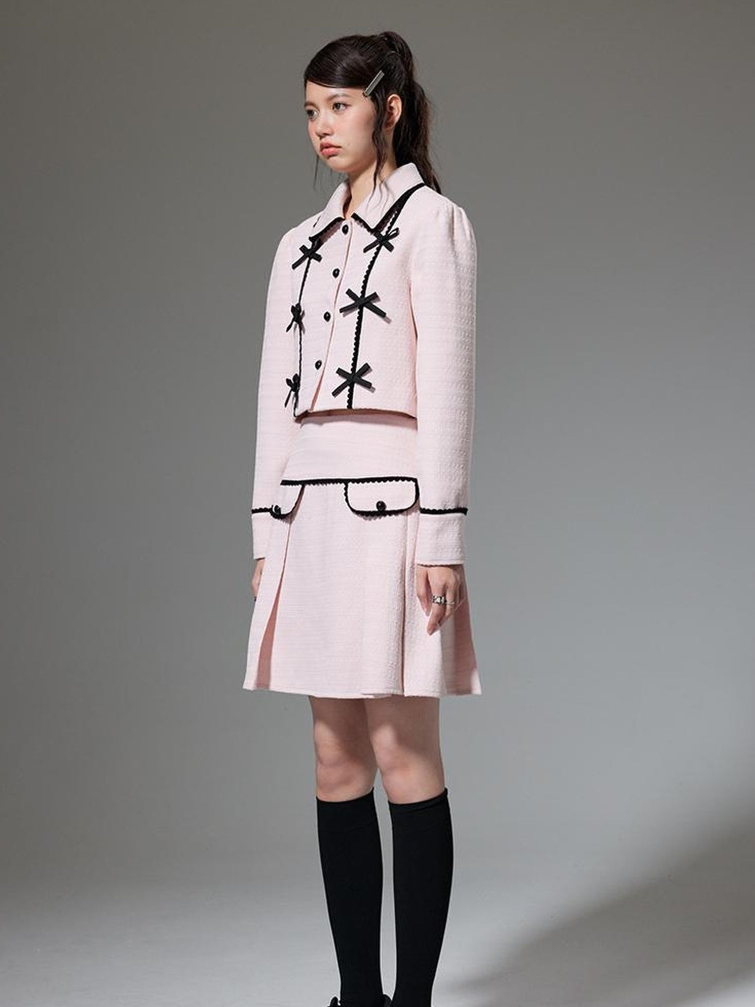 DIDDI MODA Elegant Bow Trimmed Pink Black Suit Set