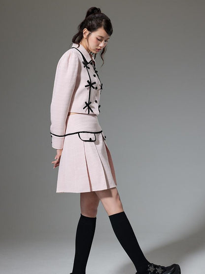 DIDDI MODA Elegant Bow Trimmed Pink Black Suit Set