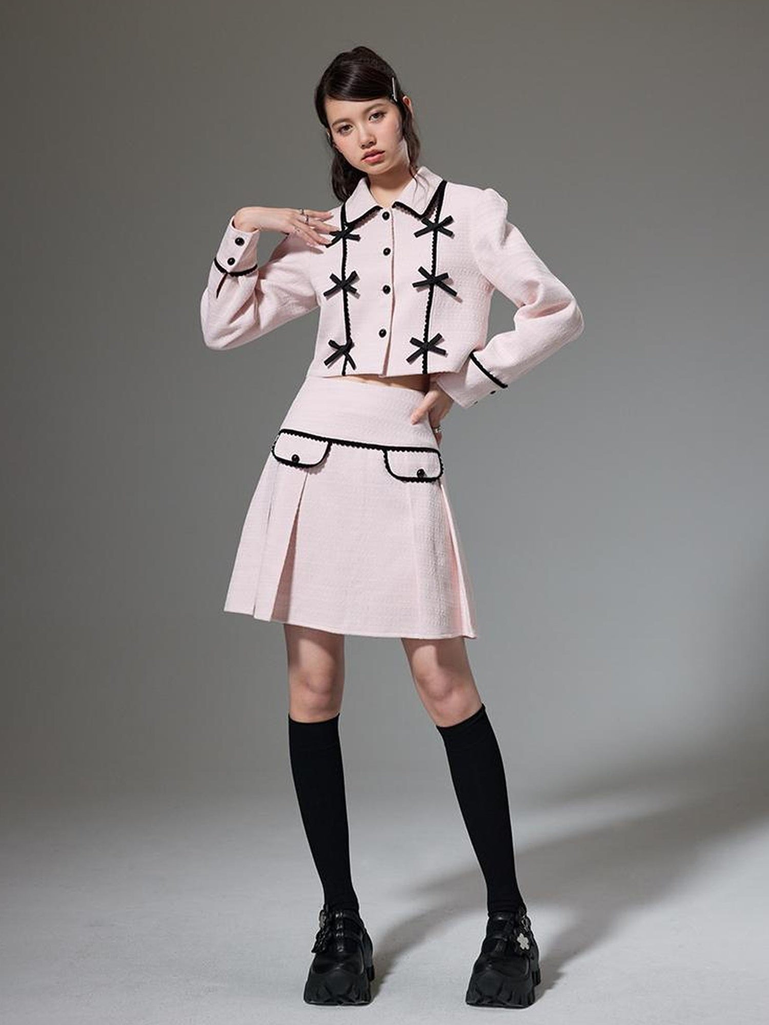 DIDDI MODA Elegant Bow Trimmed Pink Black Suit Set