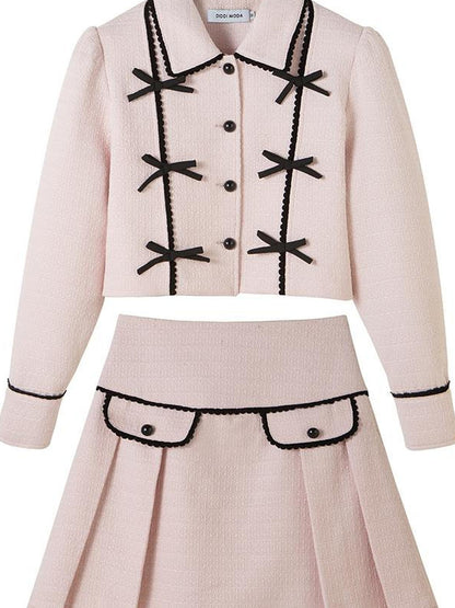 DIDDI MODA Elegant Bow Trimmed Pink Black Suit Set