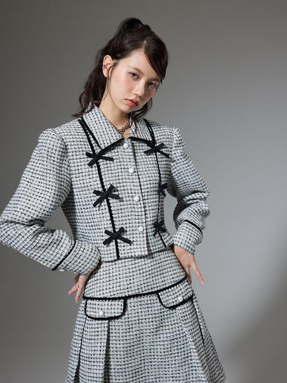 DIDDI MODA Elegant Bow Trimmed Pink Black Suit Set