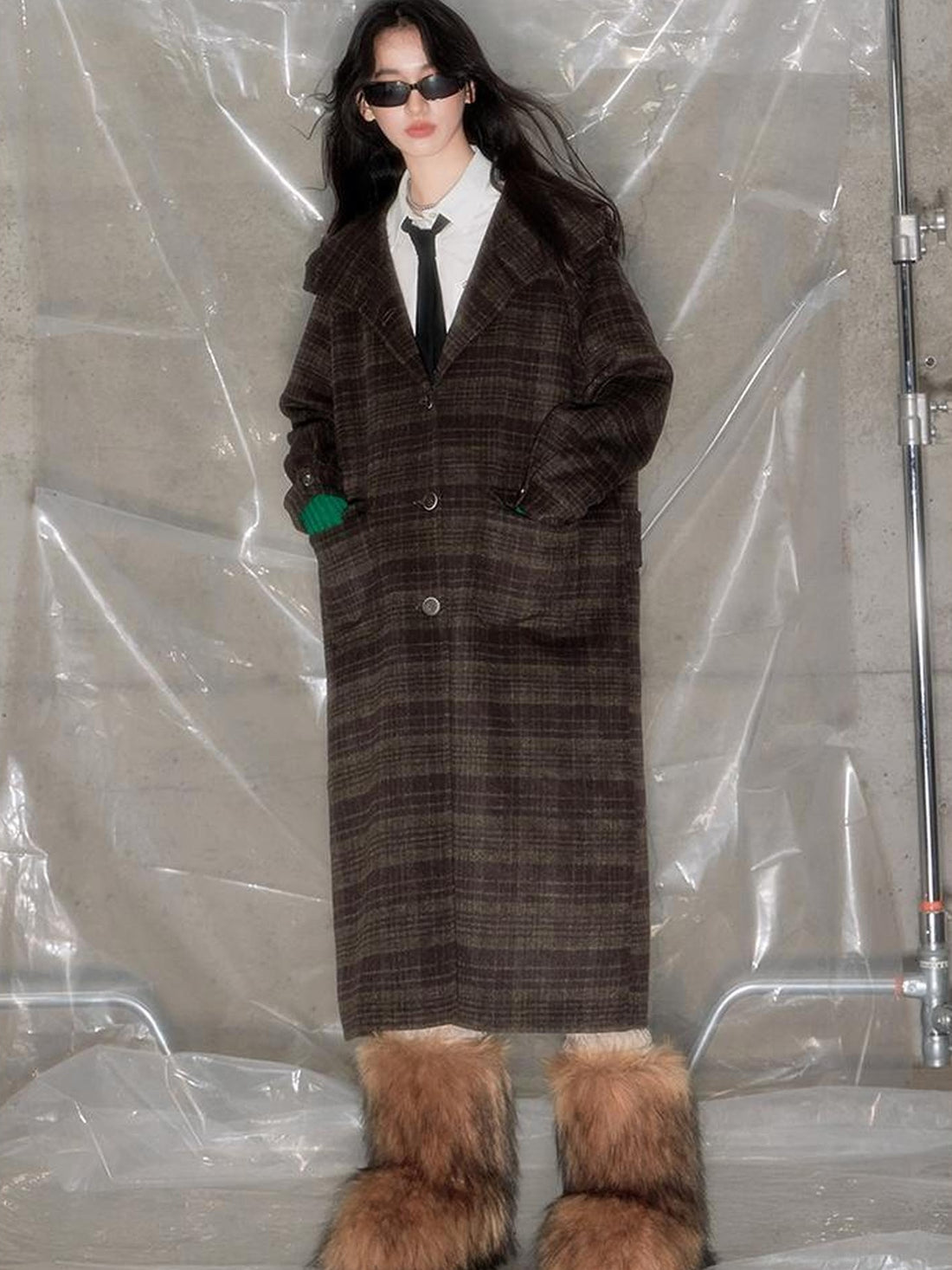 DIDDI MODA Elegant Checkered Hooded Wool Coat